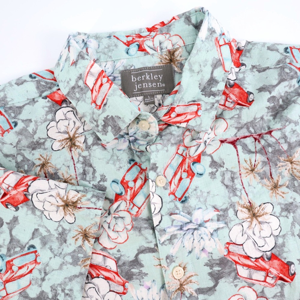 Berkley Jensen‎ Linen Blend Hawaiian Shirt Car Palm Tree Short Sleeve Mens L
